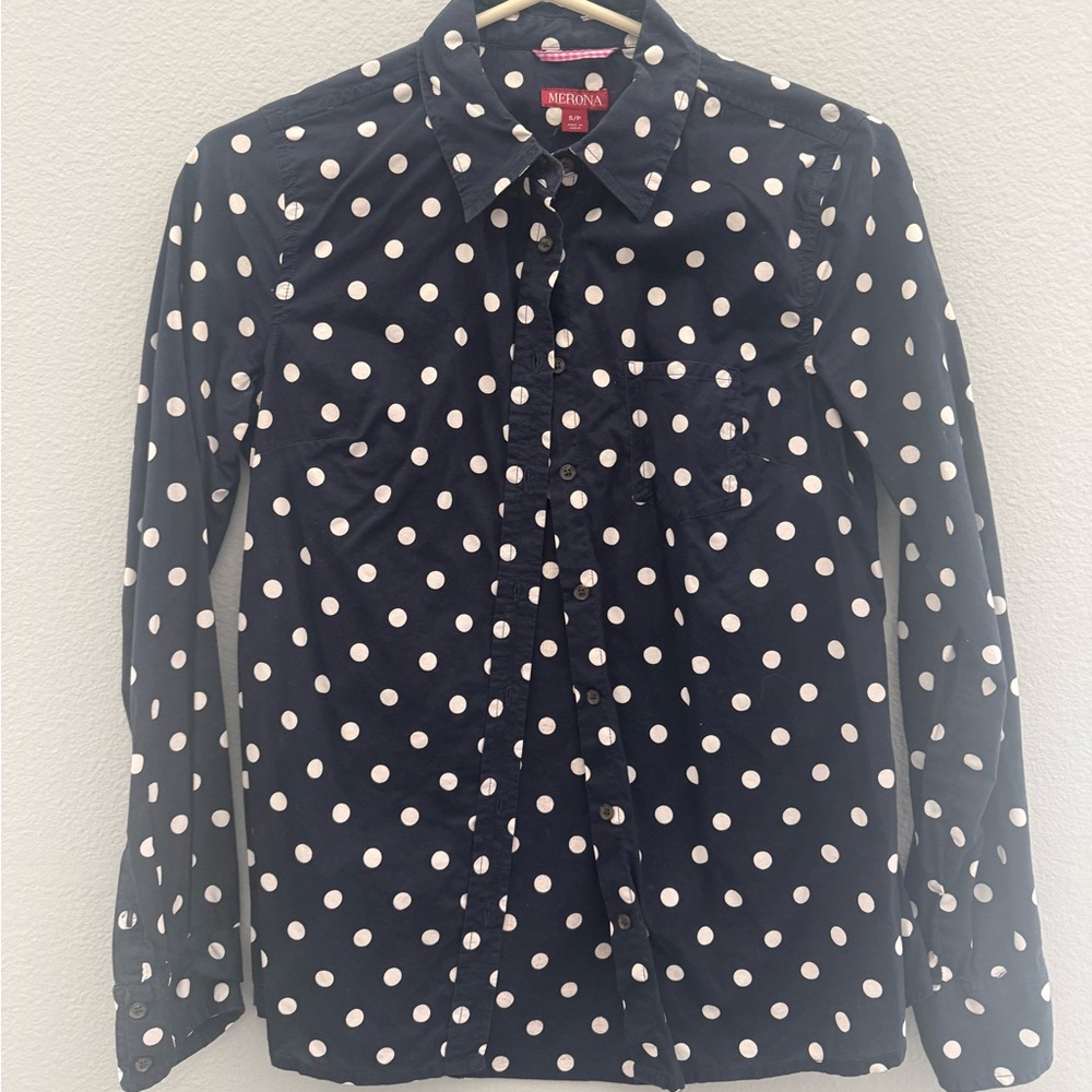 Merona Dark Blue Blouse with White Dots - Picture 3 of 3